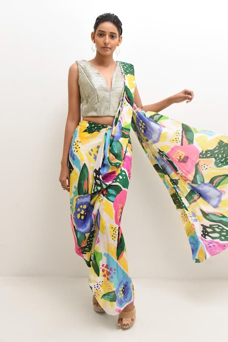 Rimi Nayak Multi Color Crepe Modal Printed Floral Pre-stitched Saree With Blouse  