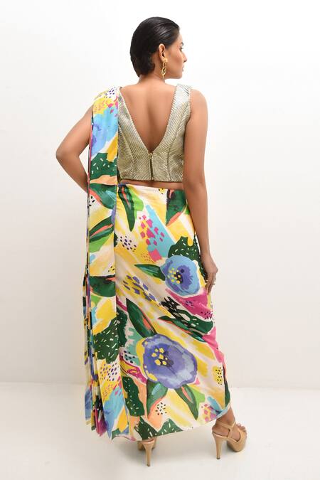 Rimi Nayak Floral Abstract Print Pre-Stitched Saree With Blouse 