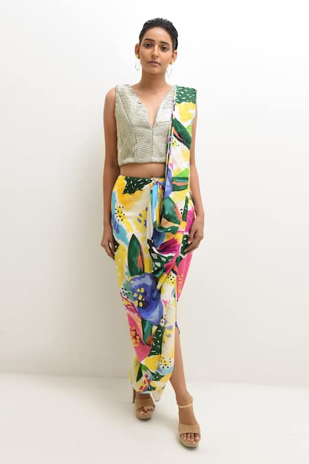 Rimi Nayak_Multi Color Cotton, Silk, Floral Abstract Print Pre-stitched Saree With Blouse _Online_at_Aza_Fashions