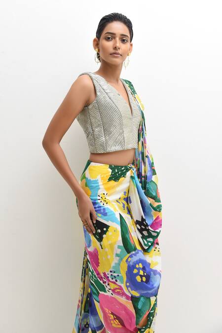 Buy_Rimi Nayak_Multi Color Cotton, Silk, Floral Abstract Print Pre-stitched Saree With Blouse _Online_at_Aza_Fashions