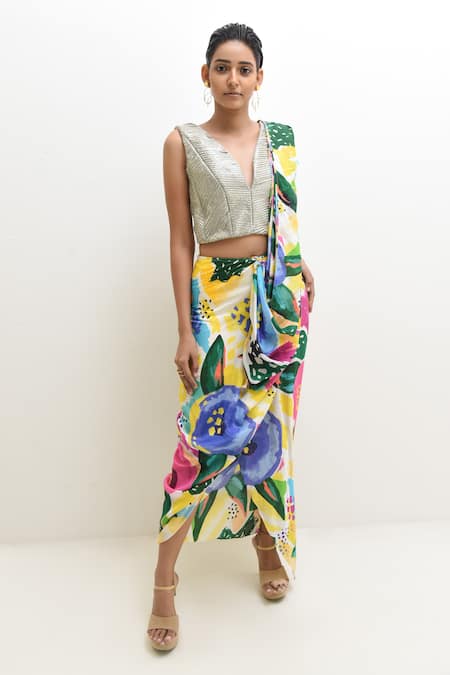 Shop_Rimi Nayak_Multi Color Cotton, Silk, Floral Abstract Print Pre-stitched Saree With Blouse _Online_at_Aza_Fashions