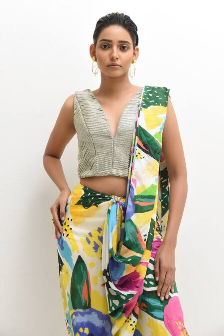 Rimi Nayak_Multi Color Cotton, Silk, Floral Abstract Print Pre-stitched Saree With Blouse _at_Aza_Fashions