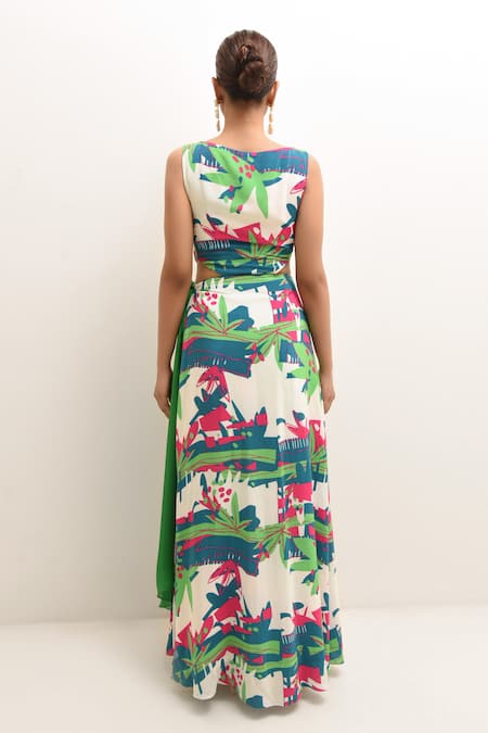 Shop Rimi Nayak Multi Color Organza, Cotton, Silk V-neck Forest Print Dress With Shorts at Aza Fashions Shop_Rimi Nayak_Multi Color Organza, Cotton, Silk V-neck Forest Print Dress With Shorts _at_Aza_Fashions