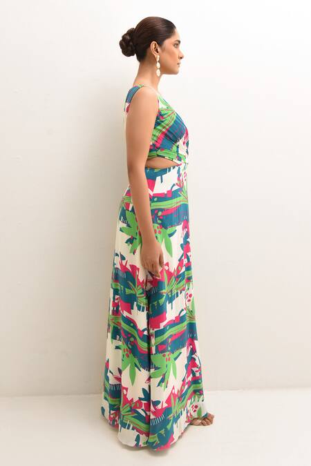 Shop Rimi Nayak Multi Color Organza, Cotton, Silk V-neck Forest Print Dress With Shorts Online at Aza Fashions Shop_Rimi Nayak_Multi Color Organza, Cotton, Silk V-neck Forest Print Dress With Shorts _Online_at_Aza_Fashions