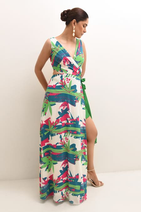 Rimi Nayak Multi Color Organza, Cotton, Silk V-neck Forest Print Dress With Shorts at Aza Fashions Rimi Nayak_Multi Color Organza, Cotton, Silk V-neck Forest Print Dress With Shorts _at_Aza_Fashions