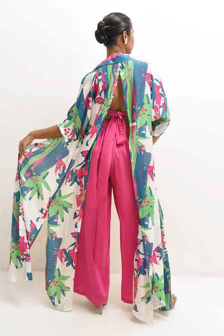 Shop Rimi Nayak Multi Color Crepe, Modal, Cotton Halter Neck, Forest Print Overlay Pant Set at Aza Fashions Shop_Rimi Nayak_Multi Color Crepe, Modal, Cotton Halter Neck, Forest Print Overlay Pant Set _at_Aza_Fashions