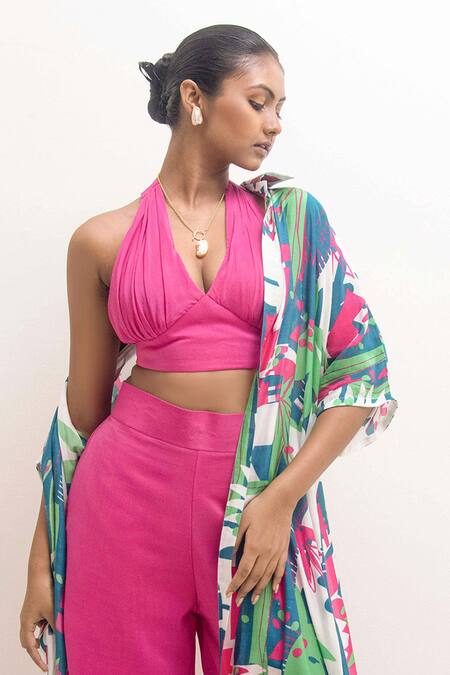 Buy Rimi Nayak Multi Color Crepe, Modal, Cotton Halter Neck, Forest Print Overlay Pant Set Online at Aza Fashions Buy_Rimi Nayak_Multi Color Crepe, Modal, Cotton Halter Neck, Forest Print Overlay Pant Set _Online_at_Aza_Fashions