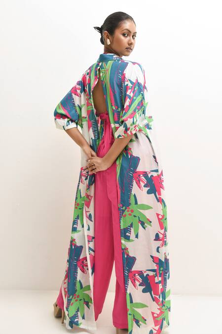 Shop Rimi Nayak Multi Color Crepe, Modal, Cotton Halter Neck, Forest Print Overlay Pant Set Online at Aza Fashions Shop_Rimi Nayak_Multi Color Crepe, Modal, Cotton Halter Neck, Forest Print Overlay Pant Set _Online_at_Aza_Fashions