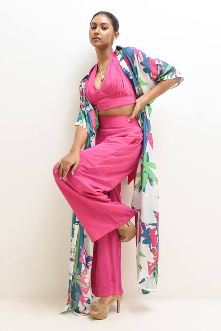 Rimi Nayak Multi Color Crepe, Modal, Cotton Halter Neck, Forest Print Overlay Pant Set at Aza Fashions Rimi Nayak_Multi Color Crepe, Modal, Cotton Halter Neck, Forest Print Overlay Pant Set _at_Aza_Fashions