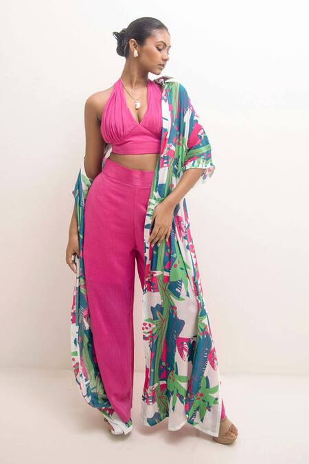 Buy Rimi Nayak Multi Color Crepe, Modal, Cotton Halter Neck, Forest Print Overlay Pant Set Buy_Rimi Nayak_Multi Color Crepe, Modal, Cotton Halter Neck, Forest Print Overlay Pant Set