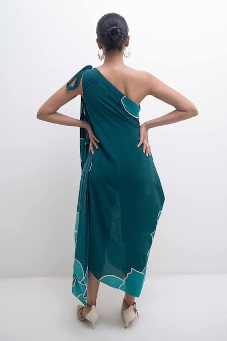 Shop Rimi Nayak Green Crepe, Modal One Shoulder Floral Print Dress at Aza Fashions Shop_Rimi Nayak_Green Crepe, Modal One Shoulder Floral Print Dress _at_Aza_Fashions