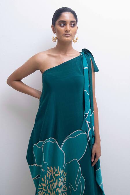 Rimi Nayak Green Crepe, Modal One Shoulder Floral Print Dress Online at Aza Fashions Rimi Nayak_Green Crepe, Modal One Shoulder Floral Print Dress _Online_at_Aza_Fashions