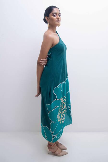 Buy Rimi Nayak Green Crepe, Modal One Shoulder Floral Print Dress Online at Aza Fashions Buy_Rimi Nayak_Green Crepe, Modal One Shoulder Floral Print Dress _Online_at_Aza_Fashions