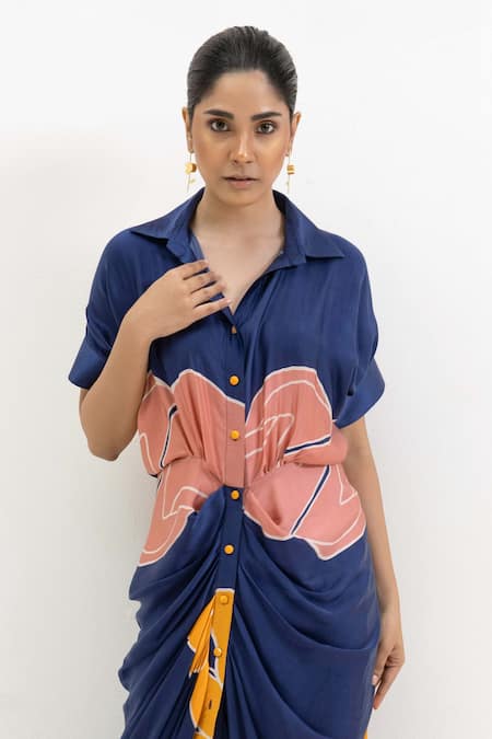 Rimi Nayak_Blue Modal, Crepe Shawl Neck Floral Print Draped Shirt Dress _Online_at_Aza_Fashions