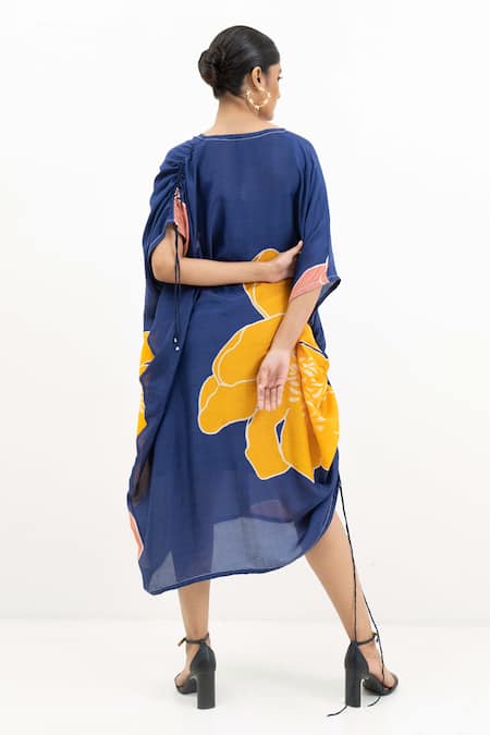 Shop_Rimi Nayak_Blue Cotton, Silk, Crepe, Modal V-neck Floral Print Ruched Dress _at_Aza_Fashions