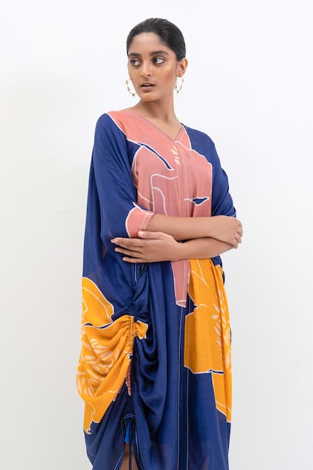 Rimi Nayak_Blue Cotton, Silk, Crepe, Modal V-neck Floral Print Ruched Dress _Online_at_Aza_Fashions