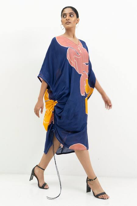 Buy_Rimi Nayak_Blue Cotton, Silk, Crepe, Modal V-neck Floral Print Ruched Dress _Online_at_Aza_Fashions