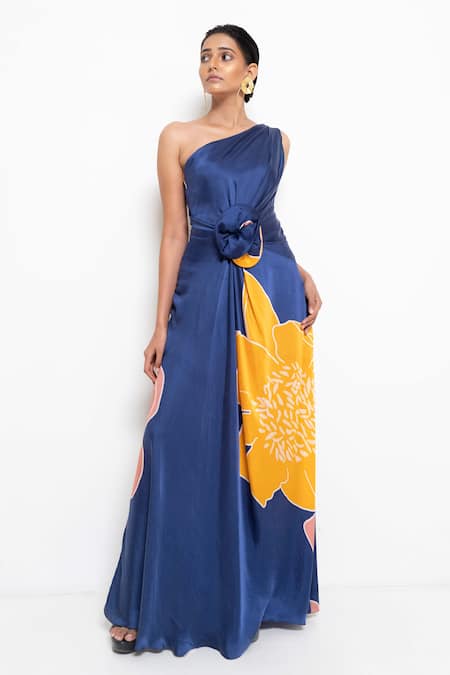 Rimi Nayak Blue Modal Satin Printed Floral One Shoulder Dress 