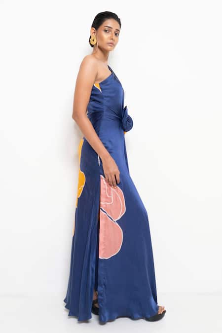 Buy_Rimi Nayak_Blue Modal, Satin, Cotton, Silk One Shoulder Floral Print Dress _Online_at_Aza_Fashions