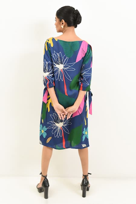 Shop Rimi Nayak Blue Modal, Cotton, Silk Round Neck Tropical Floral Print Dress at Aza Fashions Shop_Rimi Nayak_Blue Modal, Cotton, Silk Round Neck Tropical Floral Print Dress _at_Aza_Fashions