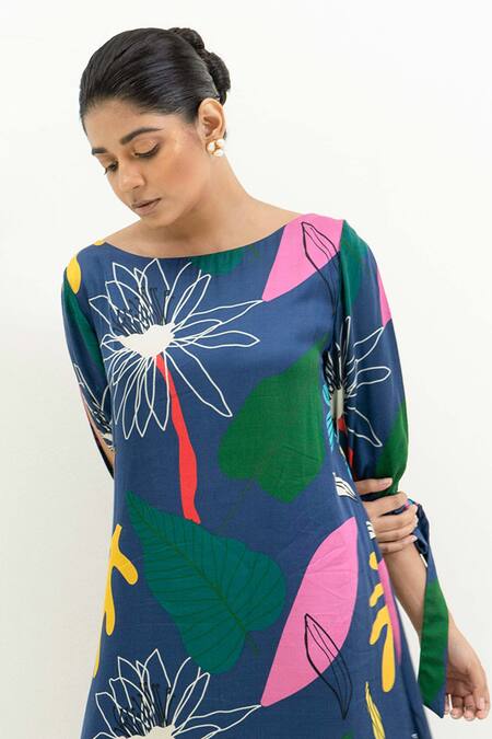 Rimi Nayak Blue Modal, Cotton, Silk Round Neck Tropical Floral Print Dress Online at Aza Fashions Rimi Nayak_Blue Modal, Cotton, Silk Round Neck Tropical Floral Print Dress _Online_at_Aza_Fashions