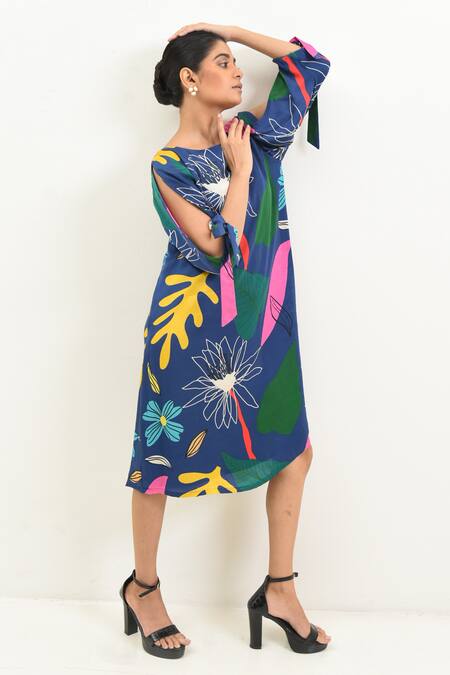 Buy Rimi Nayak Blue Modal, Cotton, Silk Round Neck Tropical Floral Print Dress Online at Aza Fashions Buy_Rimi Nayak_Blue Modal, Cotton, Silk Round Neck Tropical Floral Print Dress _Online_at_Aza_Fashions