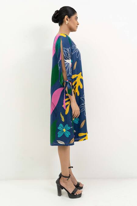 Shop Rimi Nayak Blue Modal, Cotton, Silk Round Neck Tropical Floral Print Dress Online at Aza Fashions Shop_Rimi Nayak_Blue Modal, Cotton, Silk Round Neck Tropical Floral Print Dress _Online_at_Aza_Fashions