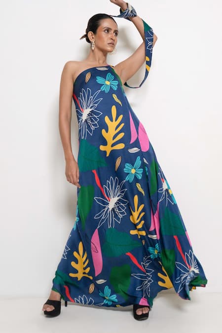 Rimi Nayak Blue Modal Satin Printed Tropical Floral One Shoulder Dress 