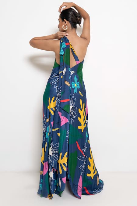 Shop_Rimi Nayak_Blue Modal, Satin, Cotton, Silk One Shoulder Printed Dress _at_Aza_Fashions