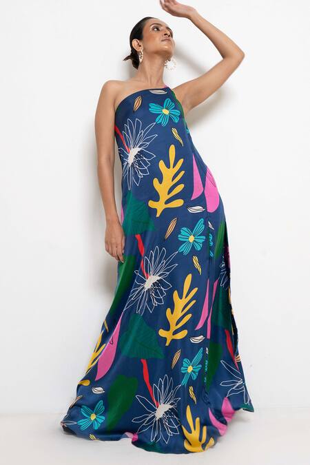 Rimi Nayak_Blue Modal, Satin, Cotton, Silk One Shoulder Printed Dress _Online_at_Aza_Fashions