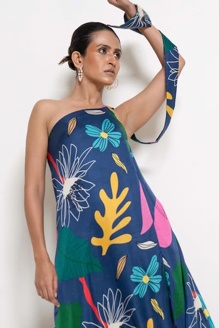 Buy_Rimi Nayak_Blue Modal, Satin, Cotton, Silk One Shoulder Printed Dress _Online_at_Aza_Fashions