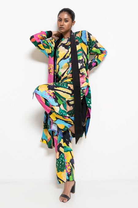 Shop Rimi Nayak Multi Color Crepe, Modal Open , Round Abstract Print Jacket Kurta Set Online at Aza Fashions Shop_Rimi Nayak_Multi Color Crepe, Modal Open , Round Abstract Print Jacket Kurta Set _Online_at_Aza_Fashions