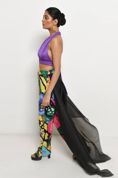 Shop Rimi Nayak Multi Color Modal, Satin, Crepe Halter Neck Printed Trail Pant With Bralette Online at Aza Fashions Shop_Rimi Nayak_Multi Color Modal, Satin, Crepe Halter Neck Printed Trail Pant With Bralette _Online_at_Aza_Fashions