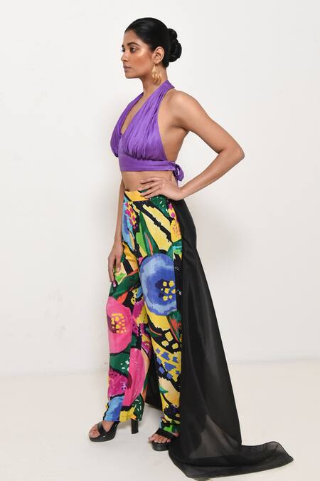 Rimi Nayak Multi Color Modal, Satin, Crepe Halter Neck Printed Trail Pant With Bralette at Aza Fashions Rimi Nayak_Multi Color Modal, Satin, Crepe Halter Neck Printed Trail Pant With Bralette _at_Aza_Fashions