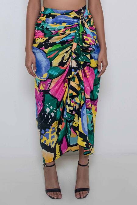 Rimi Nayak Multi Color Cotton, Crepe, Silk Abstract Print Skirt With Embellished Top Online at Aza Fashions Rimi Nayak_Multi Color Cotton, Crepe, Silk Abstract Print Skirt With Embellished Top _Online_at_Aza_Fashions