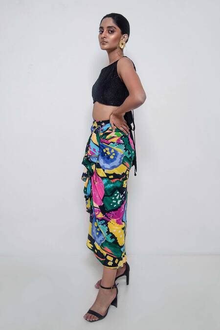 Rimi Nayak Multi Color Cotton, Crepe, Silk Abstract Print Skirt With Embellished Top at Aza Fashions Rimi Nayak_Multi Color Cotton, Crepe, Silk Abstract Print Skirt With Embellished Top _at_Aza_Fashions