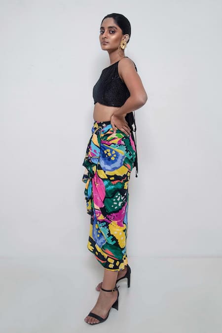 Shop_Rimi Nayak_Multi Color Cotton, Crepe Abstract Print Skirt _at_Aza_Fashions