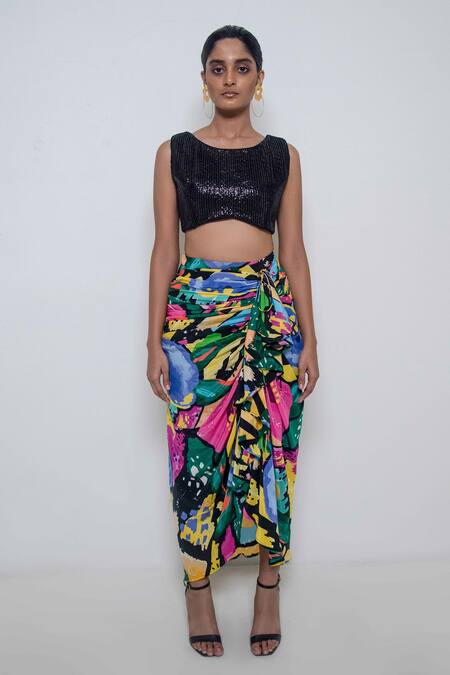Shop Rimi Nayak Black Cotton, Silk Sequins Round Neck Embellished Crop Top Online at Aza Fashions Shop_Rimi Nayak_Black Cotton, Silk Sequins Round Neck Embellished Crop Top _Online_at_Aza_Fashions
