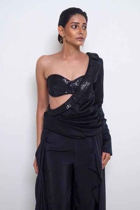 Shop Rimi Nayak Black Crepe, Cotton, Silk Sequins Sweetheart Neck One Shoulder Blazer Pant Set Online at Aza Fashions Shop_Rimi Nayak_Black Crepe, Cotton, Silk Sequins Sweetheart Neck One Shoulder Blazer Pant Set _Online_at_Aza_Fashions