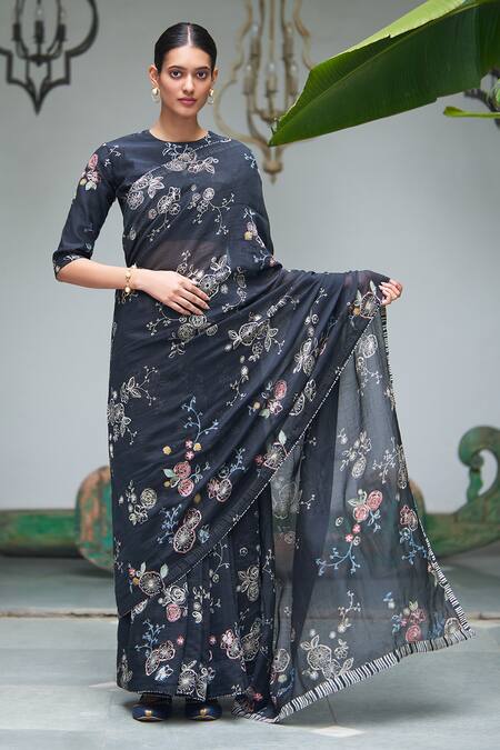 Vaayu Blue Muslin Embroidery Round Neck Floral Print Saree With Blouse Online at Aza Fashions Vaayu_Blue Muslin Embroidery Round Neck Floral Print Saree With Blouse_Online_at_Aza_Fashions
