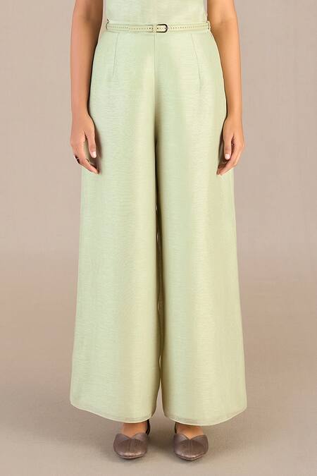 Ampm_Green Linen, Silk Round Neck Solid Jacket Palazzo Set_Online_at_Aza_Fashions