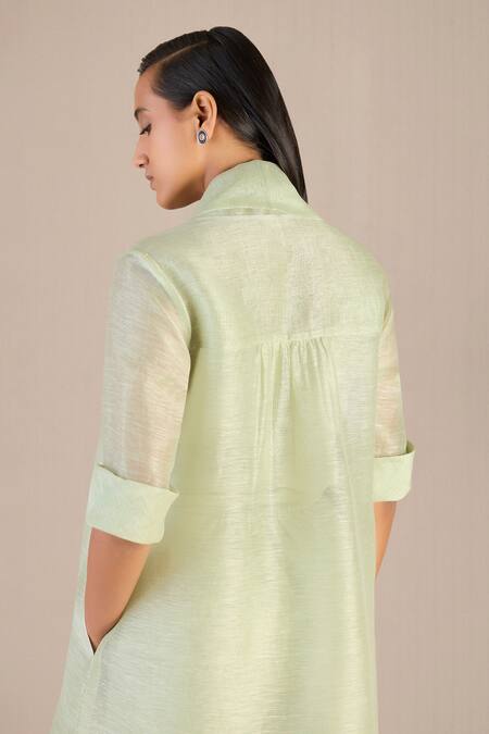 Buy_Ampm_Green Linen, Silk Round Neck Solid Jacket Palazzo Set_Online_at_Aza_Fashions