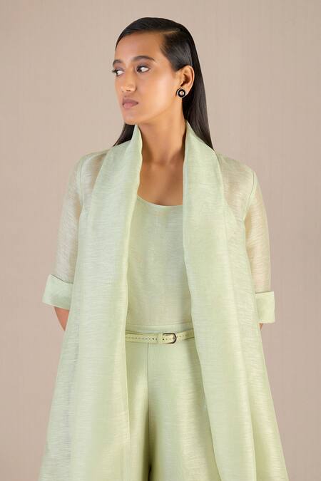 Shop_Ampm_Green Linen, Silk Round Neck Solid Jacket Palazzo Set_Online_at_Aza_Fashions
