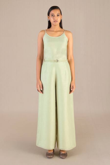 Ampm_Green Linen, Silk Round Neck Solid Jacket Palazzo Set_at_Aza_Fashions