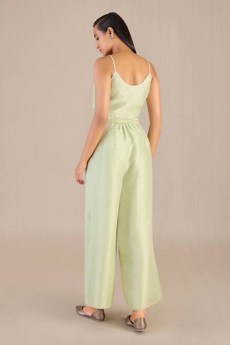 Buy_Ampm_Green Linen, Silk Round Neck Solid Jacket Palazzo Set