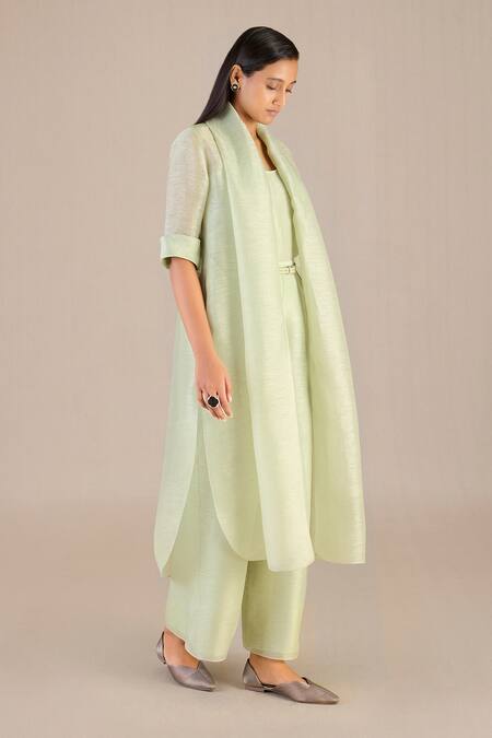 Shop_Ampm_Green Linen, Silk Round Neck Solid Jacket Palazzo Set