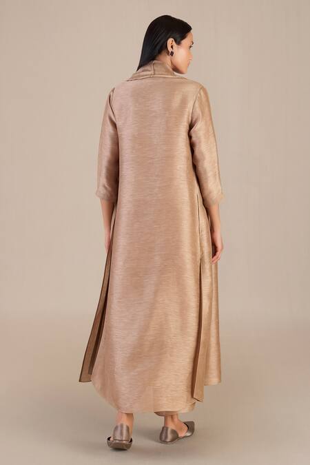 Shop_Ampm_Brown Linen, Silk Round Neck Plain Jacket Palazzo Set_at_Aza_Fashions