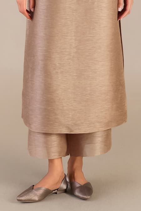 Ampm_Brown Linen, Silk Round Neck Plain Jacket Palazzo Set_Online_at_Aza_Fashions