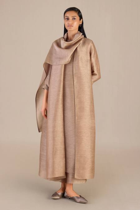 Buy_Ampm_Brown Linen, Silk Round Neck Plain Jacket Palazzo Set_Online_at_Aza_Fashions