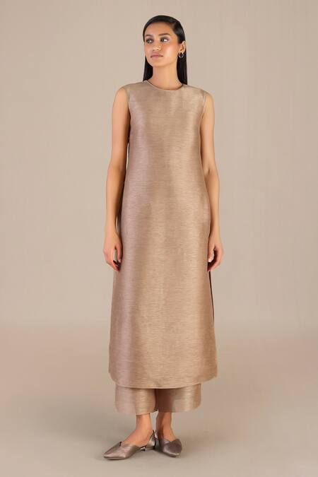Shop_Ampm_Brown Linen, Silk Round Neck Plain Jacket Palazzo Set_Online_at_Aza_Fashions
